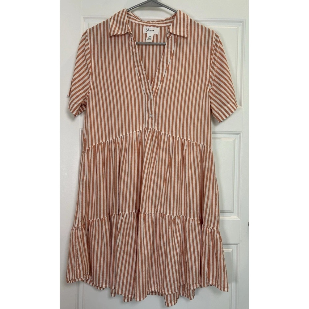 Japna Coral/White Striped Collared Button Tiered Short Shirt Dress